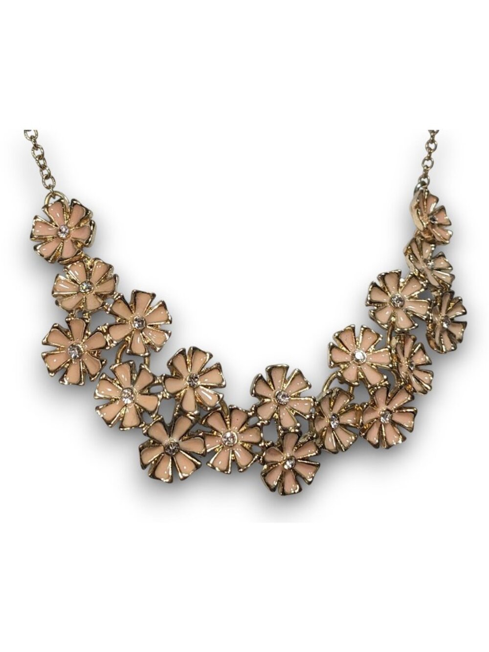 Romantic Floral Enamel Peach Gold Tone Rhinestone Bib Necklace 14 Inch